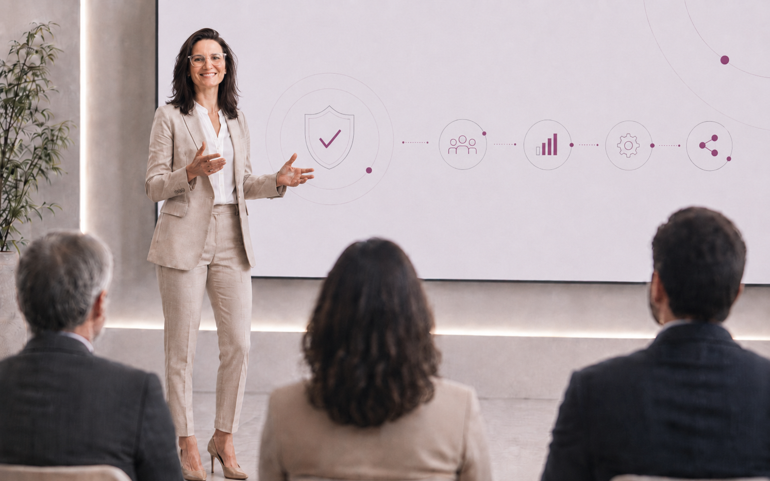 Formación sobre adopción responsable de inteligencia artificial generativa ante un equipo empresarial.