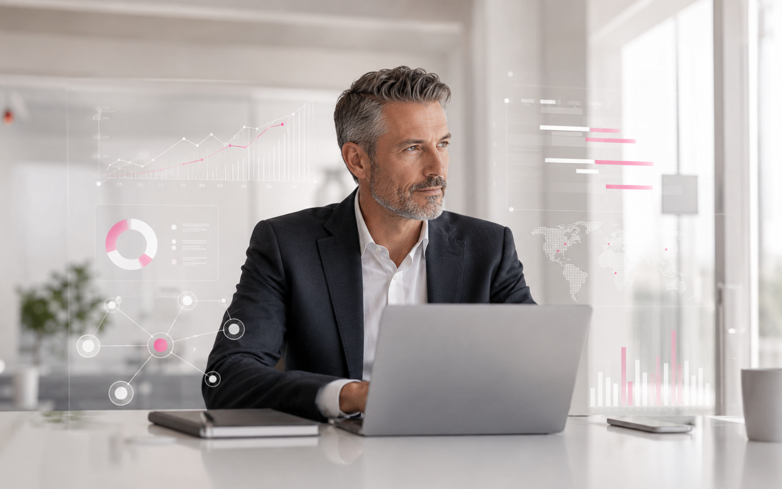 Ejecutivo analizando datos y oportunidades de crecimiento con apoyo de inteligencia artificial