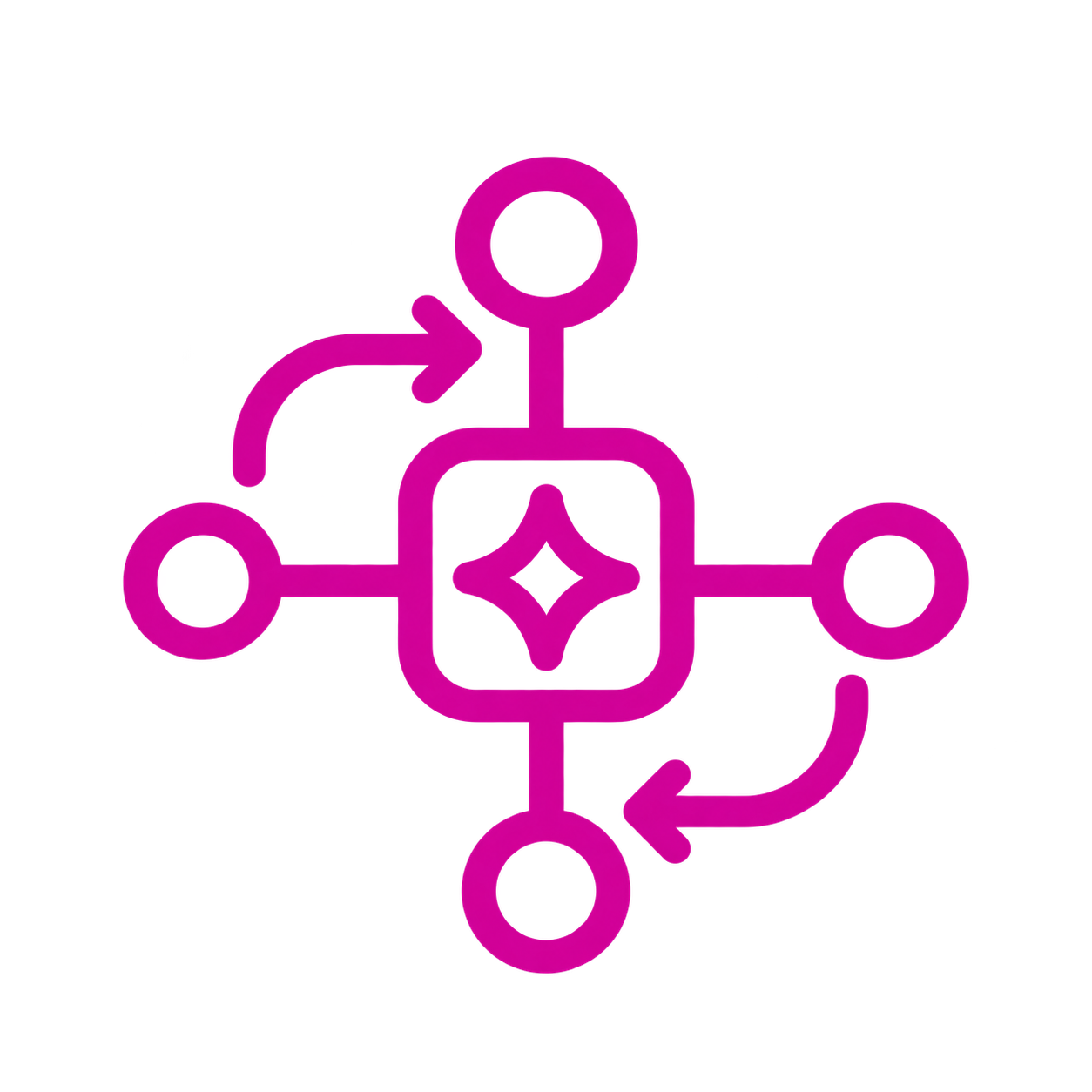 Pink hub-and-spoke network icon: central square with diamond, connected to four circular nodes by lines, representing data integration or system connections.